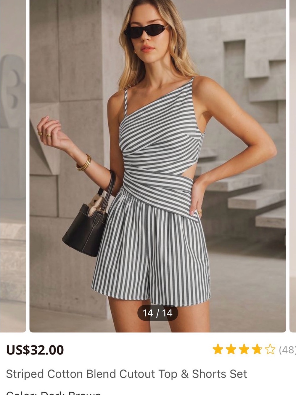 Commense Brand Striped Cutout One-Shoulder top and shorts - Dark Brown/White